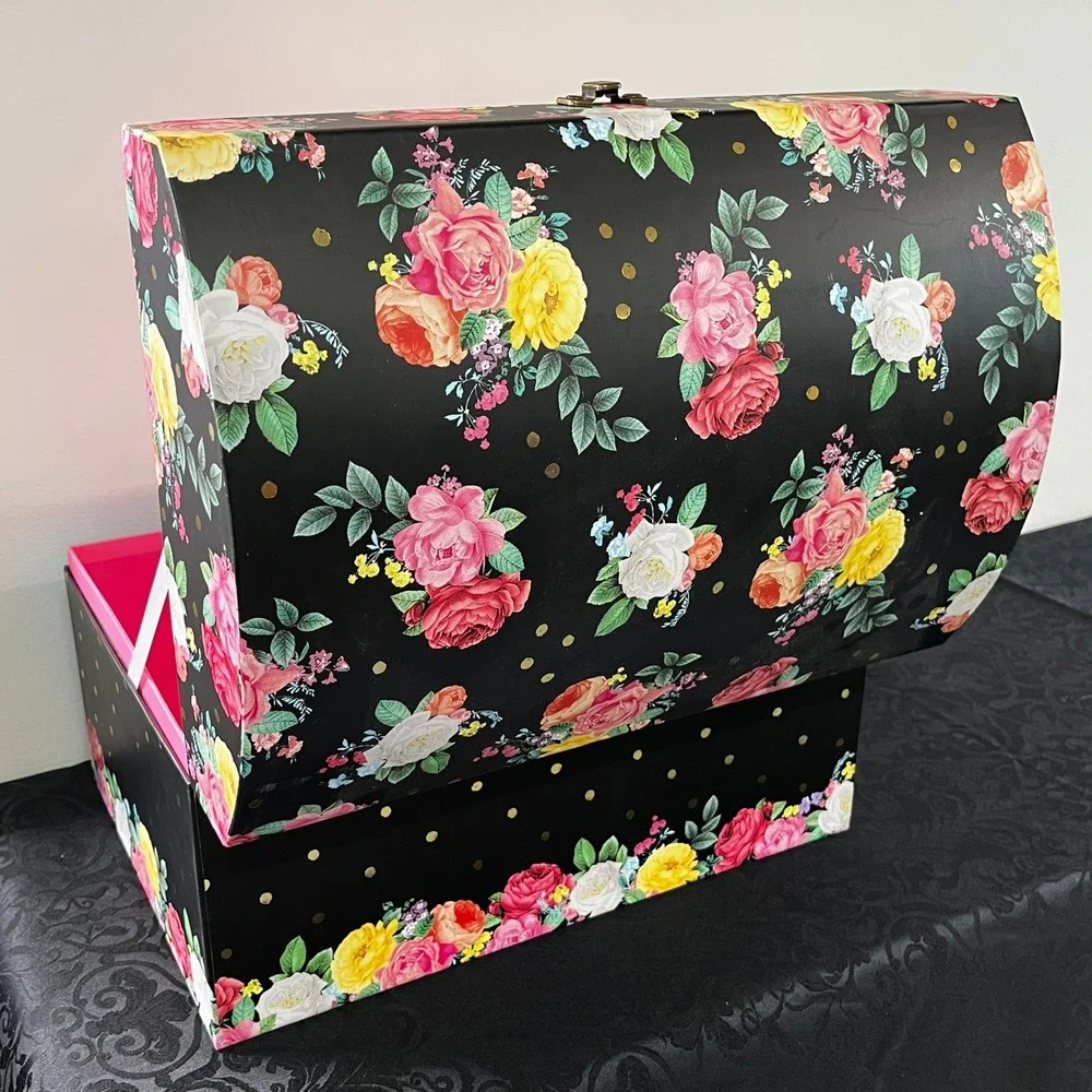 Floral Polka Dot Decorative Storage Trunk Black Pink Rose Gold Latch Chest 15.5
